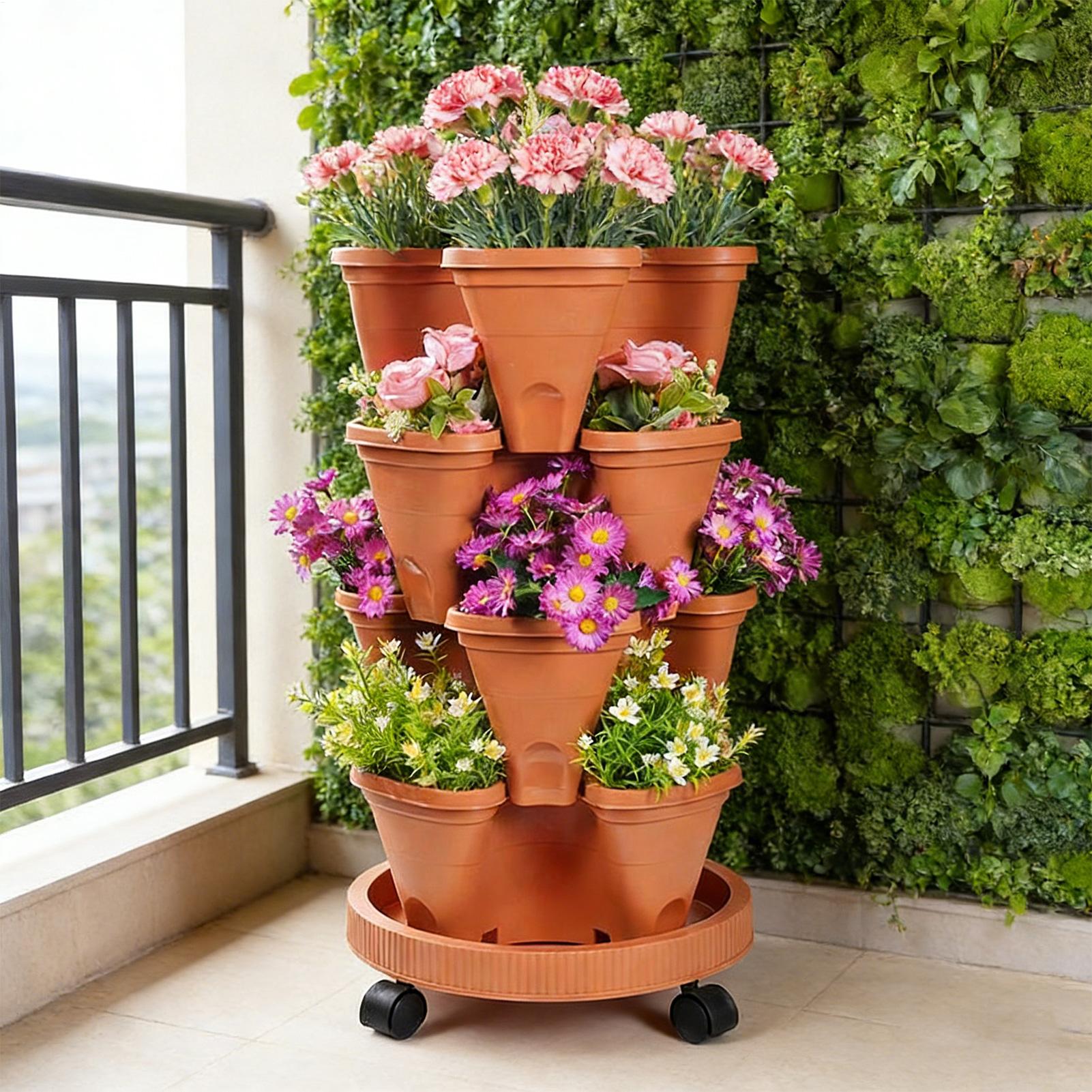 Vertical Planter Tower - กระถางปลูกต้นไม้แบบซ้อนได้ 4 ชั้น, ชั้นวางปลูกแนวตั้ง, หอปลูกสตรอว์เบอร์รี, กระถางดอกไม้ระบายน้ำอัตโนมัติพร้อมล้อเลื่อน