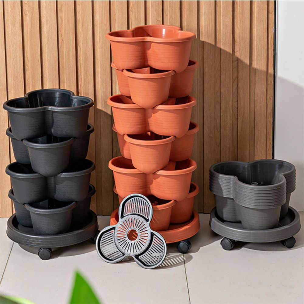 Vertical Planter Tower - กระถางดอกไม้พลาสติกแบบซ้อนได้แนวตั้งพร้อมล้อเลื่อน กระถางปลูกต้นไม้หลายชั้นสำหรับปลูกสตรอว์เบอร์รี เหมาะสำหรับสวนในบ้าน
