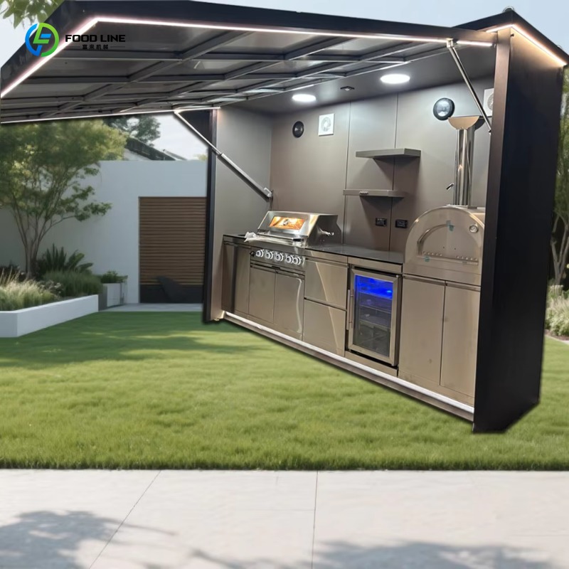 Smart Garden Sheds - ตู้ครัวกลางแจ้งแบบสมาร์ทปรับแต่งได้พร้อมอ่างล้างจาน ตู้เย็น เตาอบพิซซ่า และลำโพง สำหรับทำบาร์บีคิวในสวน
