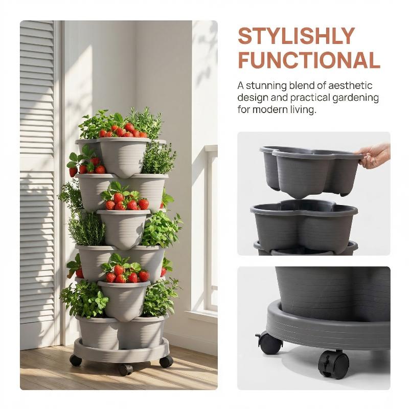Vertical Planter Tower - กระถางปลูกต้นไม้แบบเรียงซ้อนหลายชั้นแนวตั้ง ทำจากพลาสติก สำหรับตกแต่งระเบียงและสวนในร่มอย่างสร้างสรรค์