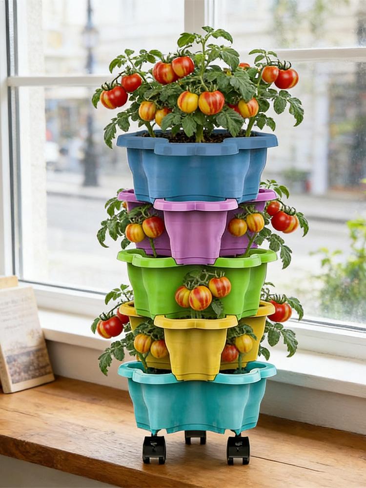 Vertical Planter Tower - กระถางดอกไม้แบบแนวตั้ง 4/5 ชั้น, กระถางดอกไม้แบบซ้อนได้หลายชั้น ทำจากพลาสติก สำหรับปลูกในสวน