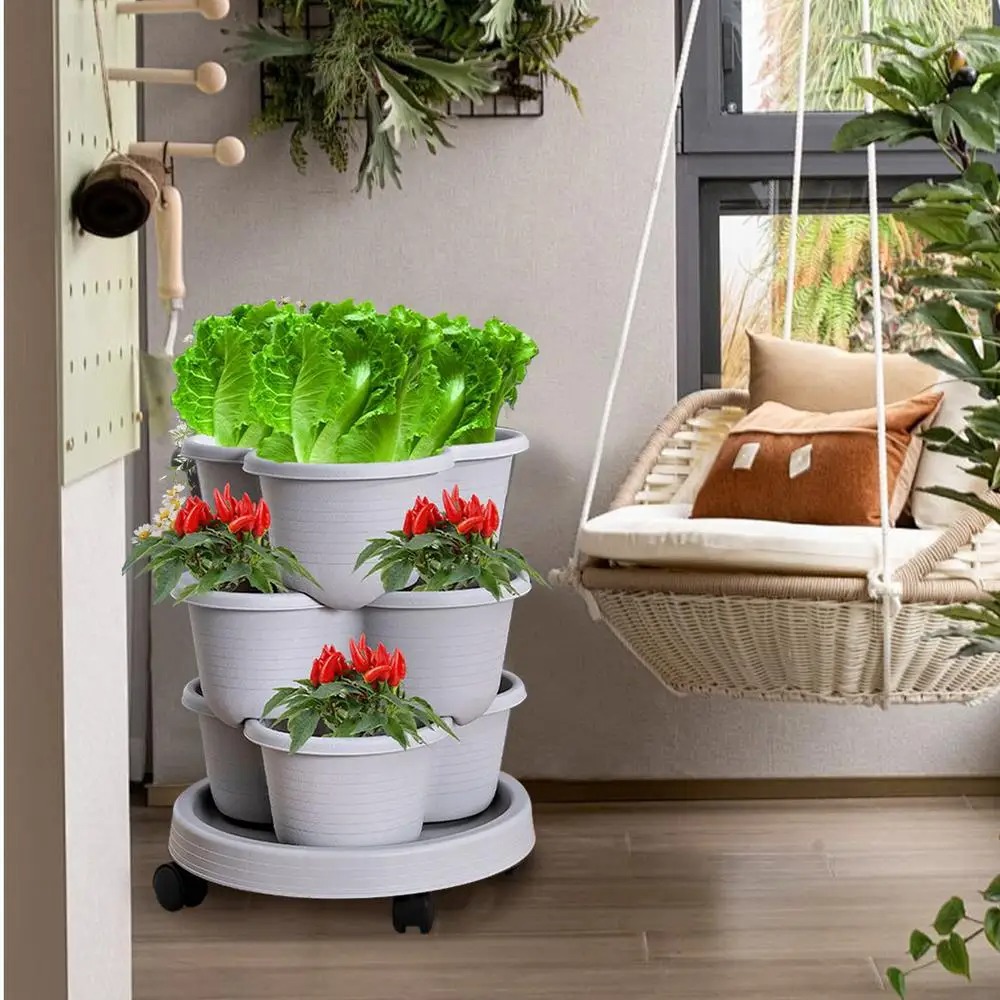 Vertical Planter Tower - กระถางดอกไม้แบบตั้งซ้อนกันได้หลายชั้น พร้อมล้อเลื่อน กระถางพลาสติกปลูกสตรอว์เบอร์รี่แบบทาวเวอร์