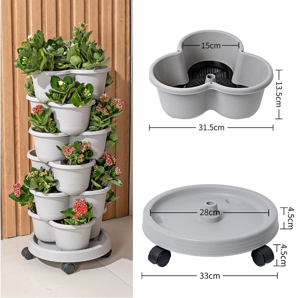 Vertical Planter Tower - กระถางดอกไม้แบบซ้อนได้หลายชั้น วัสดุพลาสติก พร้อมล้อเลื่อน สำหรับปลูกสตรอว์เบอร์รี
